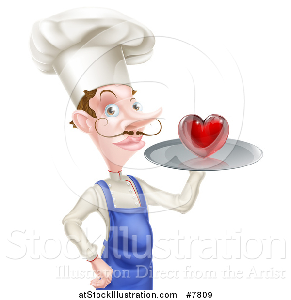 Vector Illustration of a Caucasian Male Chef with a Curling Mustache, Holding a Heart on a Tray