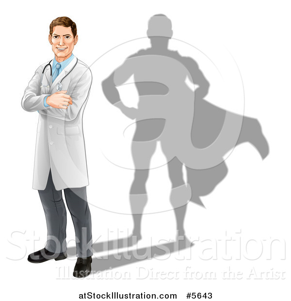 Vector Illustration of a Caucasian Male Doctor with a Super Hero Shadow