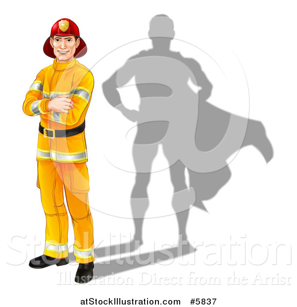 Vector Illustration of a Caucasian Male Fireman with Folded Arms and a Super Hero Shadow