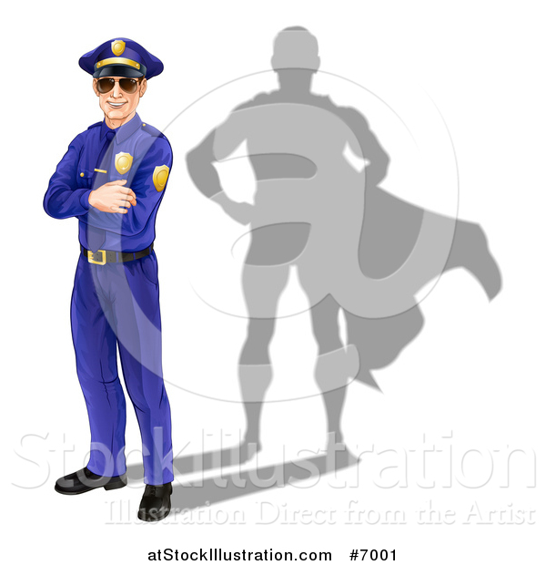 Vector Illustration of a Caucasian Male Police Officer Standing with Folded Arms and a Super Hero Shadow