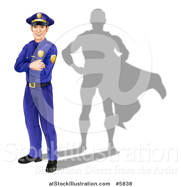 Vector Illustration of a Caucasian Male Police Officer with Folded Arms and a Super Hero Shadow