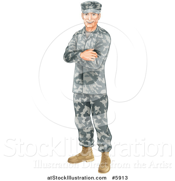 Vector Illustration of a Caucasian Male Soldier in Camouflage, Standing with Folded Arms