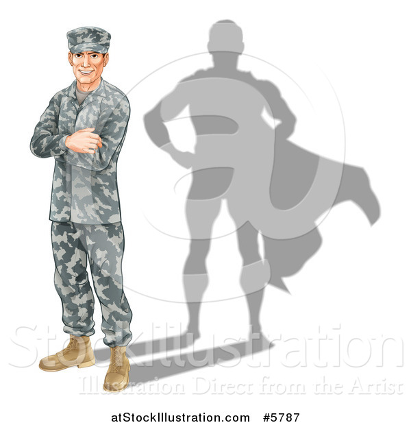 Vector Illustration of a Caucasian Male Soldier with Folded Arms and a Super Hero Shadow
