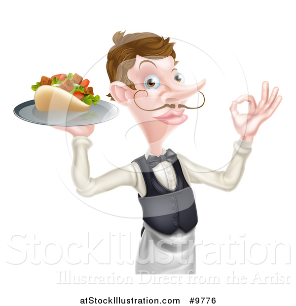 Vector Illustration of a Caucasian Male Waiter with a Curling Mustache, Holding a Kebab Sandwich on a Tray and Gesturing Okay