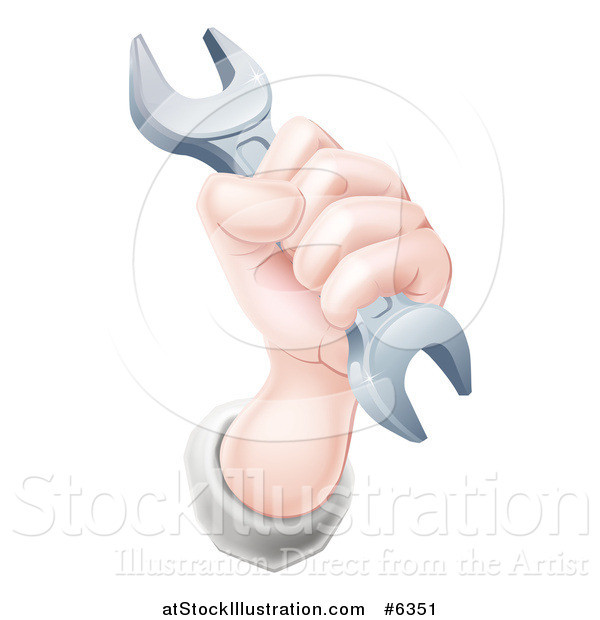 Vector Illustration of a Caucasian Worker Man's Hand Holding a Wrench