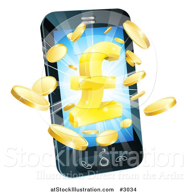 Vector Illustration of a Cell Phone with Gold Coins and a Pound Symbol Bursting from the Screen
