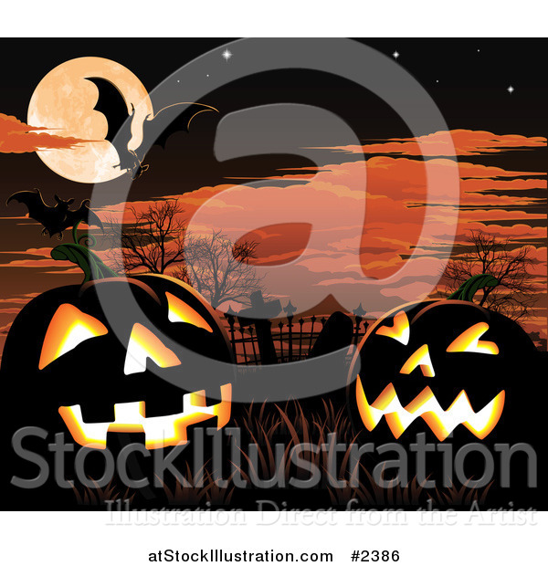 Vector Illustration of a Cemetery Under a Full Moon with Jackolanterns and Bats