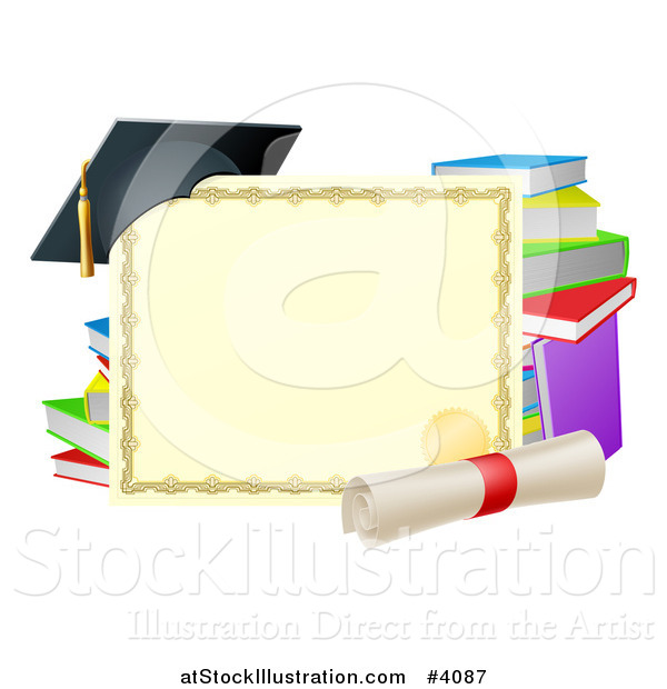 Vector Illustration of a Certificate Degree with a Diploma Books and Graduation Cap