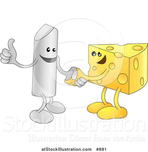 Vector Illustration of a Chalk Character Giving the Thumbs up and Shaking Hands with a Wedge of Swiss Cheese While Agreeing on a Business Deal