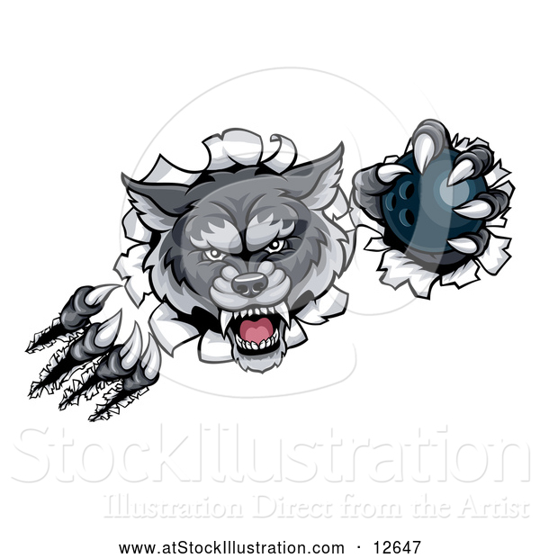 Vector Illustration of a Challenging Gray Wolf Bowling Mascot Slashing Through a Wall with Ball