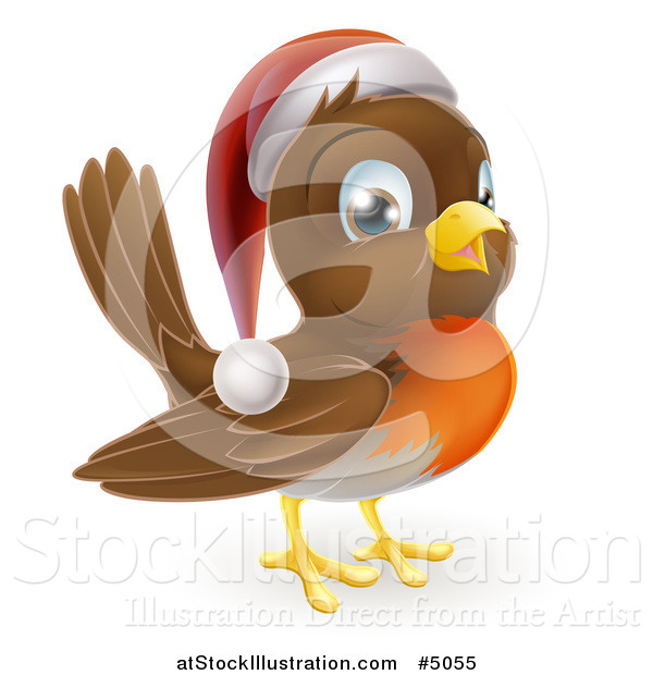 Vector Illustration of a Cheerful Christmas Robin in a Santa Hat