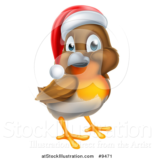 Vector Illustration of a Cheerful Christmas Robin in a Santa Hat