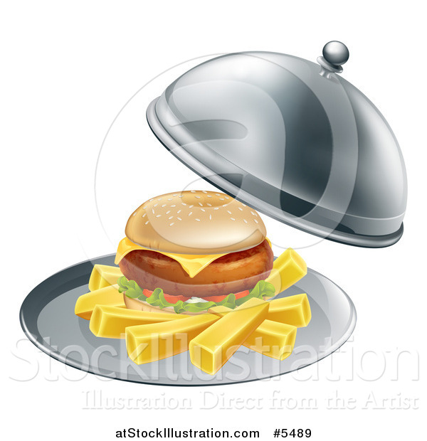 Vector Illustration of a Cheeseburger and Fries on a Cloche Platter