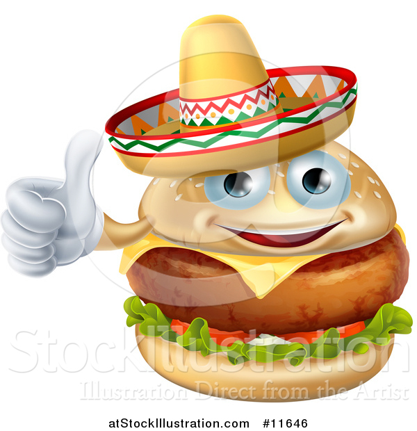 Vector Illustration of a Cheeseburger Mascot Wearing a Mexican Sombrero and Giving a Thumb up
