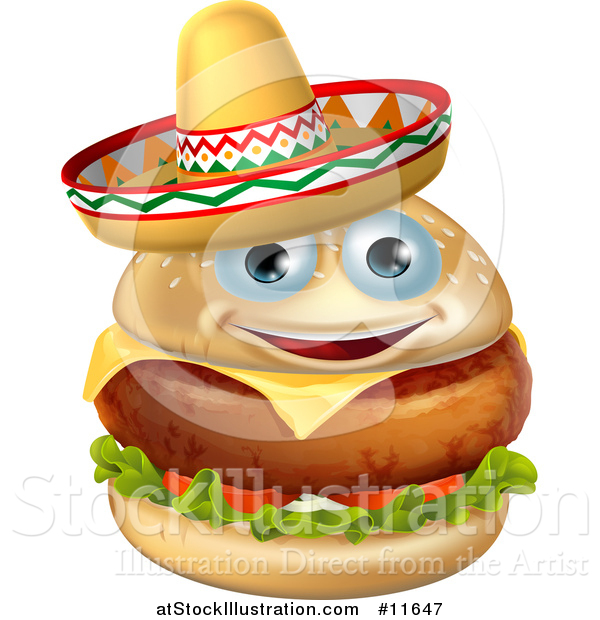 Vector Illustration of a Cheeseburger Mascot Wearing a Mexican Sombrero Hat