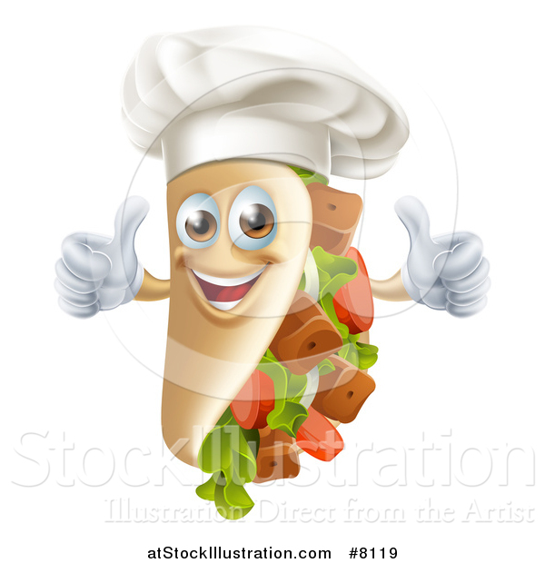 Vector Illustration of a Chef Gourmet Souvlaki Kebab Sandwich Mascot Giving Two Thumbs up