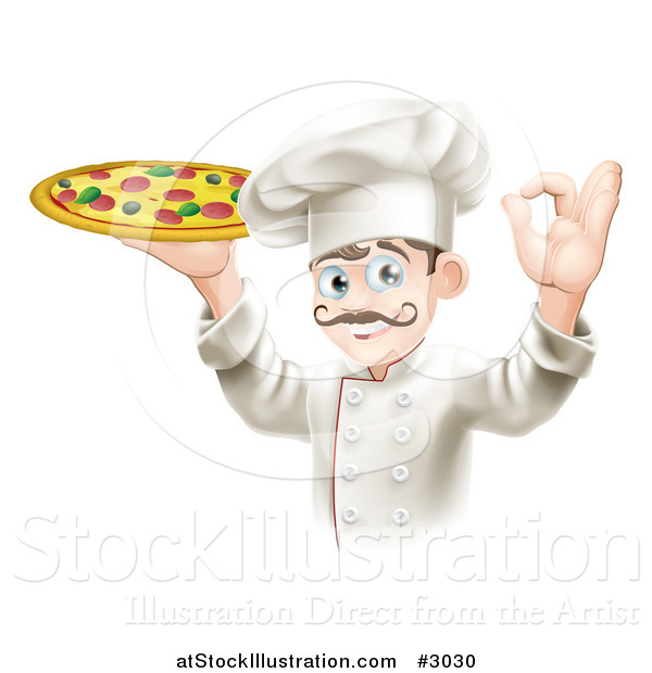 Vector Illustration of a Chef Holding up a Pizza Pie and Gesturing Ok