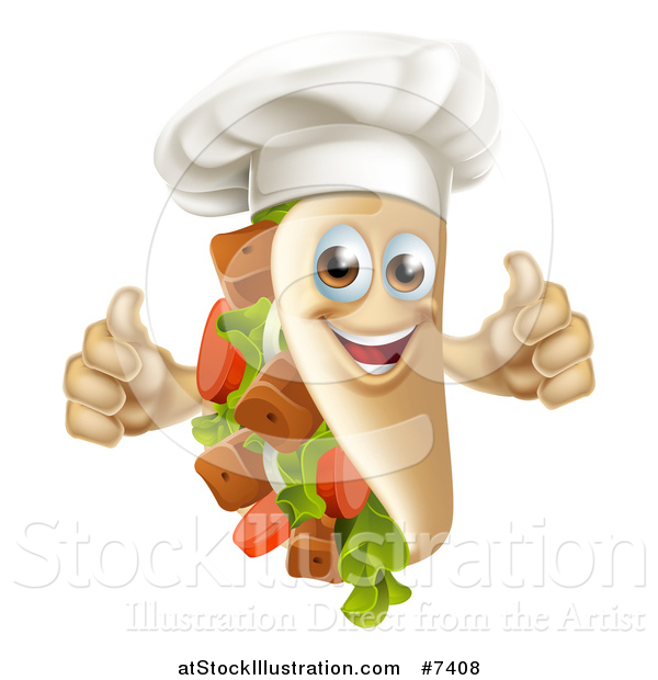 Vector Illustration of a Chef Souvlaki Kebab Sandwich Mascot Giving Two Thumbs up