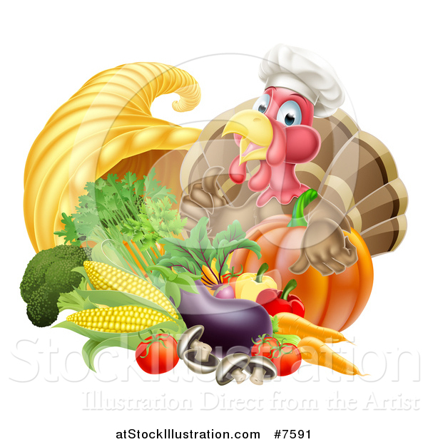 Vector Illustration of a Chef Turkey Bird Giving a Thumb up over a Pumpkin and Harvest Cornucopia 2
