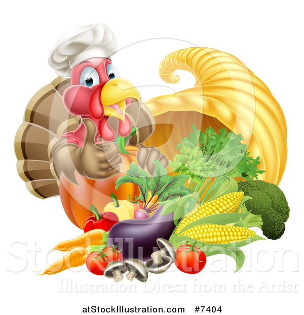 Vector Illustration of a Chef Turkey Bird Giving a Thumb up over a Pumpkin and Harvest Cornucopia