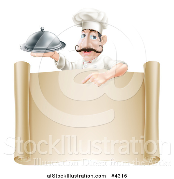 Vector Illustration of a Chef with a Mustache, Holding a Platter and Pointing down at a Scroll Sign