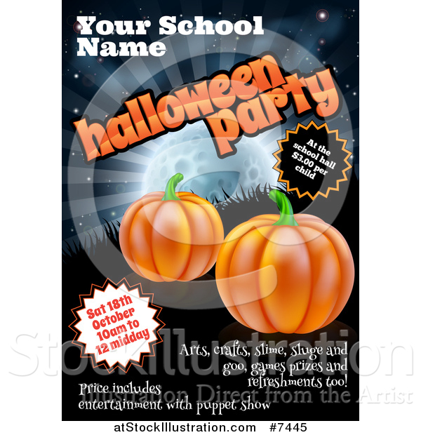 Vector Illustration of a Childrens School Halloween Party Poster Design with Sample Text, a Full Moon, Grass and Pumpkins