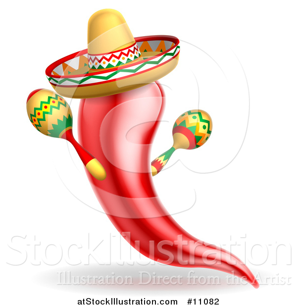 Vector Illustration of a Chile Pepper Mascot Character Playing Maracas and Wearing a Sombrero, Celebrating Cinco De Mayo