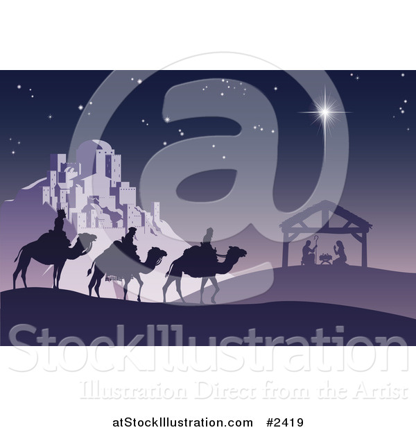 Vector Illustration of a Christian Christmas Nativity Scene with the Three Wise Men and the Birth of Baby Jesus in the Manger