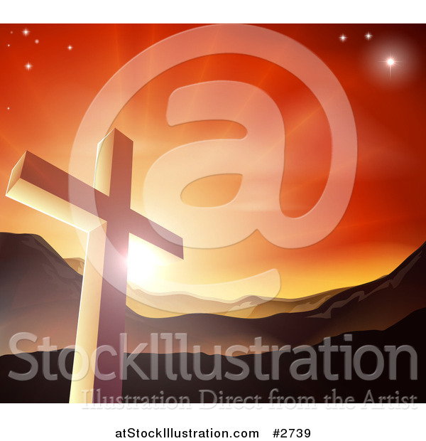 Vector Illustration of a Christian Cross Against a Sunset and Mountains