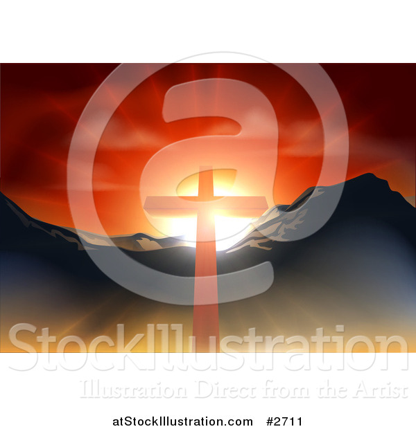 Vector Illustration of a Christian Crucifix Against a Sunset and Mountains