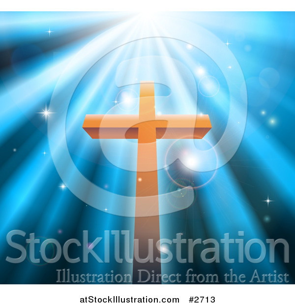 Vector Illustration of a Christian Crucifix Against Blue Heavenly Rays and Sparkles