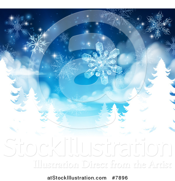 Vector Illustration of a Christmas Background of Snowflakes Falling down over White Evergreen Winter Trees in Blue TonesChristmas Background of Snowflakes Falling down over White Evergreen Winter Trees in Blue Tones