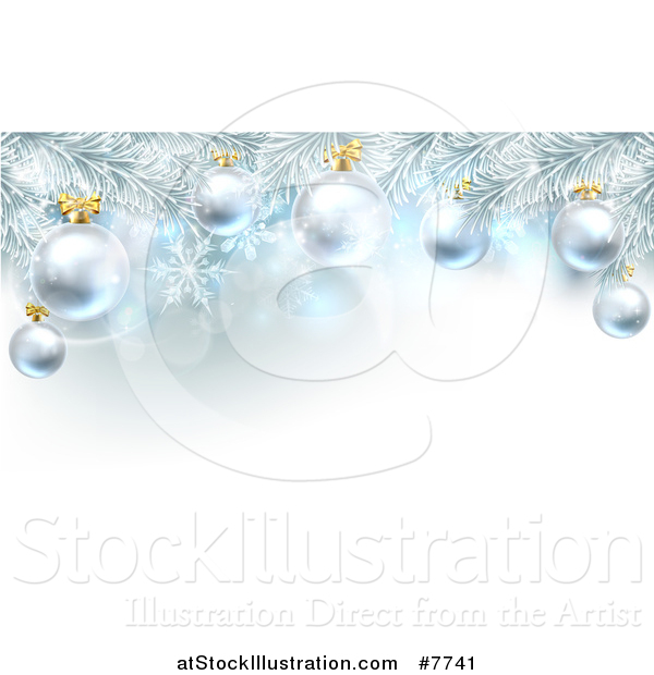 Vector Illustration of a Christmas Background with 3d Bauble Ornaments Suspended from a Tree over Lights and Snowflakes