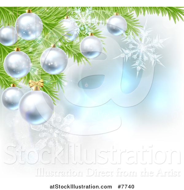 Vector Illustration of a Christmas Background with 3d Bauble Ornaments Suspended from a Tree over Magic Lights and Snowflakes