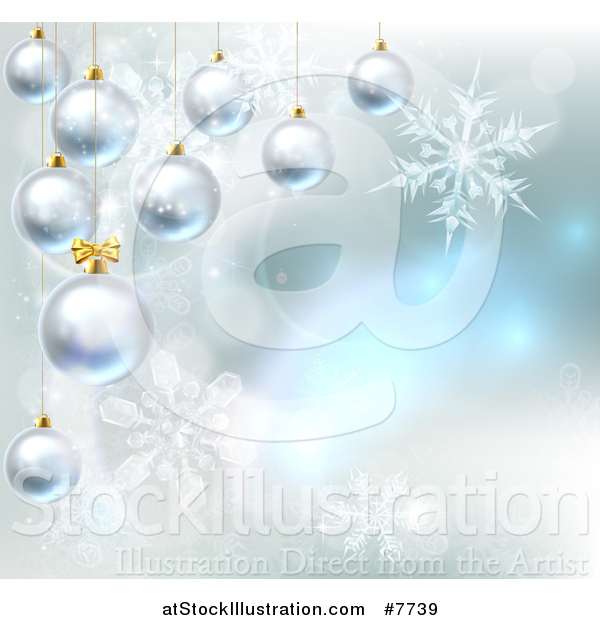 Vector Illustration of a Christmas Background with 3d Suspended Bauble Ornaments over Magic Lights and Snowflakes