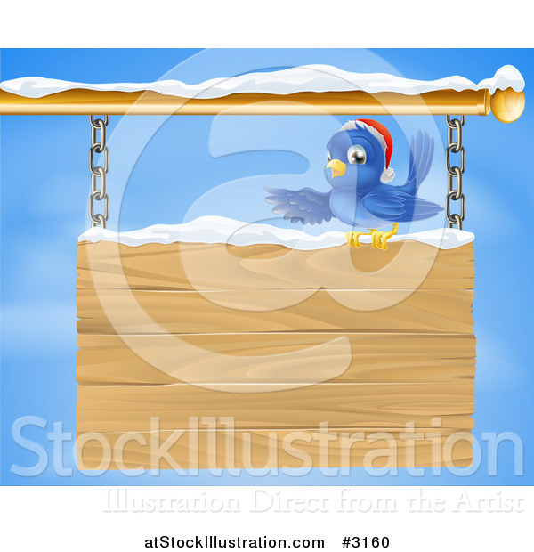 Vector Illustration of a Christmas Bluebird Perched in Snow and Presenting a Hanging Wood Sign Against a Sky