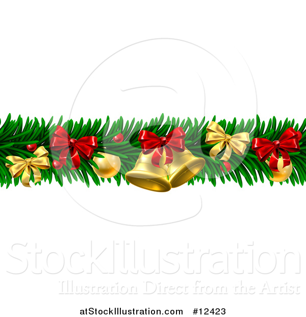 Vector Illustration of a Christmas Garland with Bells, Bauble Ornaments and Bows