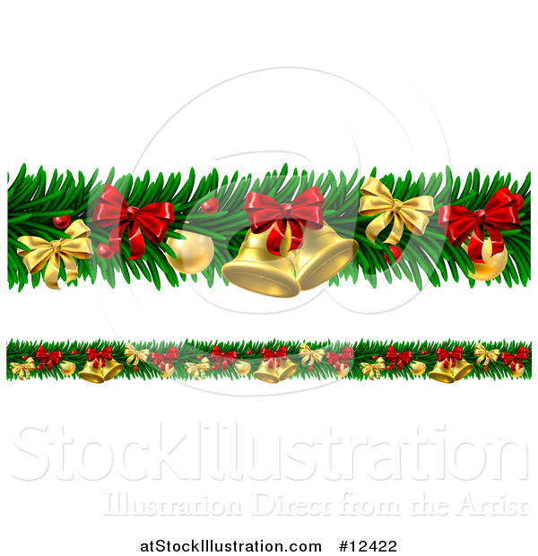 Vector Illustration of a Christmas Garlands with Bells, Bauble Ornaments and Bows