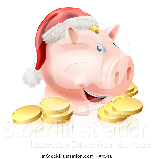 Vector Illustration of a Christmas Piggy Bank Wearing a Santa Hat over Gold Coins
