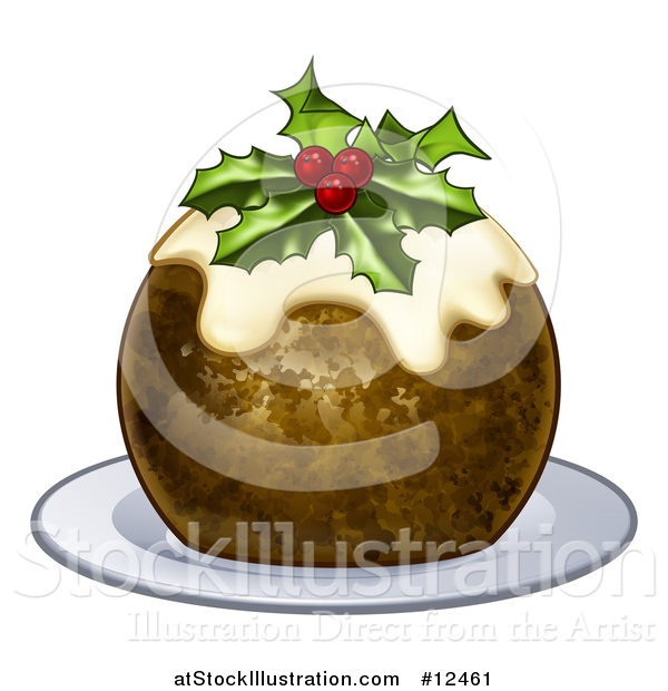 Vector Illustration of a Christmas Pudding Cake with Holly and Berries, on a White Plate