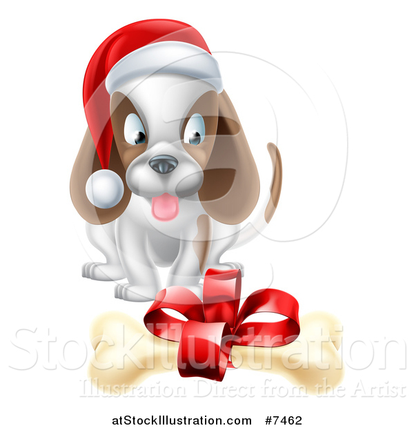 Vector Illustration of a Christmas Puppy Dog Sitting and Looking at a Gift Bone