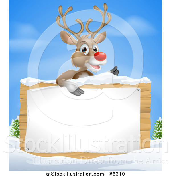 Vector Illustration of a Christmas Red Nosed Reindeer over a Wood Sign in the Snow