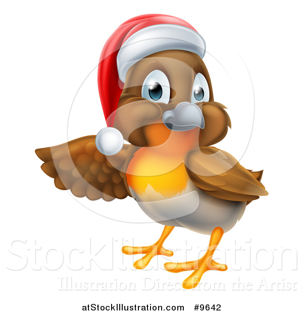 Vector Illustration of a Christmas Robin in a Santa Hat, Pointing to the Left