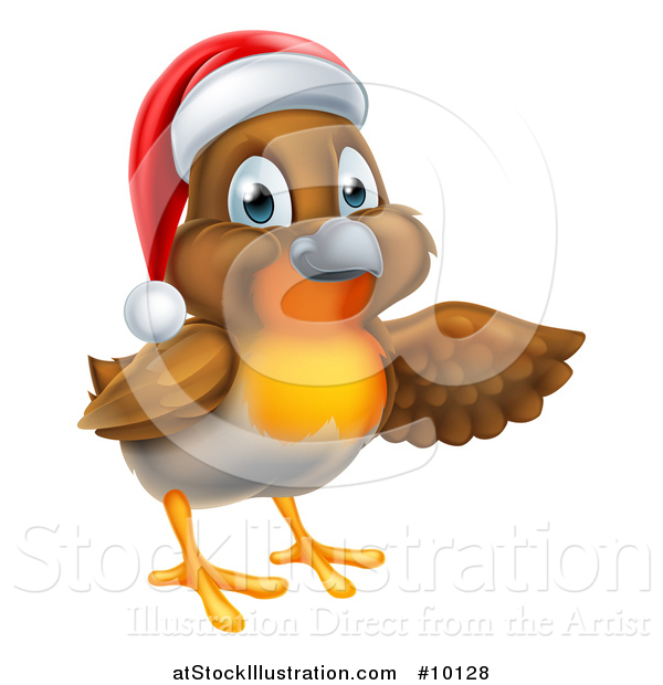 Vector Illustration of a Christmas Robin in a Santa Hat, Pointing to the Right