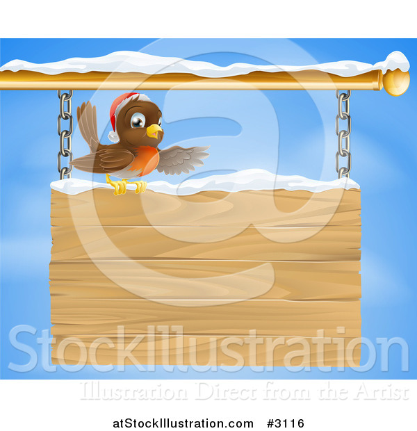 Vector Illustration of a Christmas Robin Presenting on a Wooden Shingle Sign with Snow