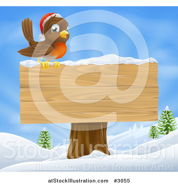 Vector Illustration of a Christmas Robin with a Santa Hat Perched on a Blank Wooden Sign in the Snow
