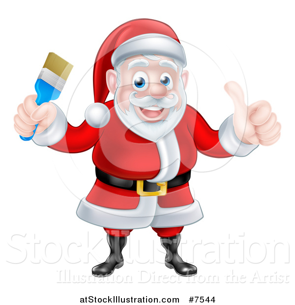 Vector Illustration of a Christmas Santa Claus Giving a Thumb up and Holding a Blue Paintbrush