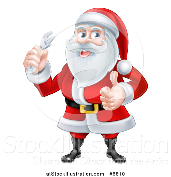 Vector Illustration of a Christmas Santa Claus Giving a Thumb up and Holding a Wrench