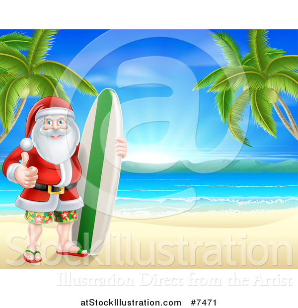 Vector Illustration of a Christmas Santa Claus Giving a Thumb up and Standing Between Palm Trees with a Surf Board on a Tropical Beach