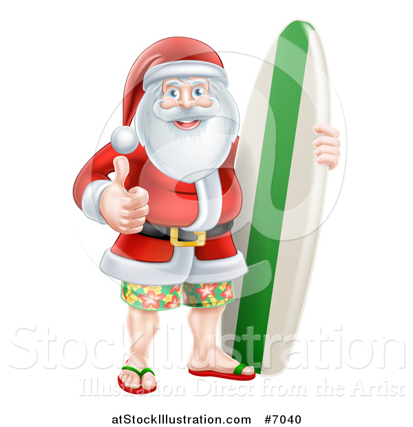 Vector Illustration of a Christmas Santa Claus Giving a Thumb up and Standing with a Surf Board